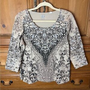 Zenergy by Chicos Tan and Black Patterned Rhinestone Women's Top
